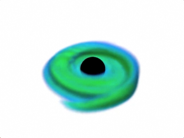Accretion disk swirling around the black hole. The accretion disk survives outside the black hole for less than a second. But this is enough time to release an enormous amount of energy in the form of neutrinos. It spans a little more than a hundred km from side to side.
