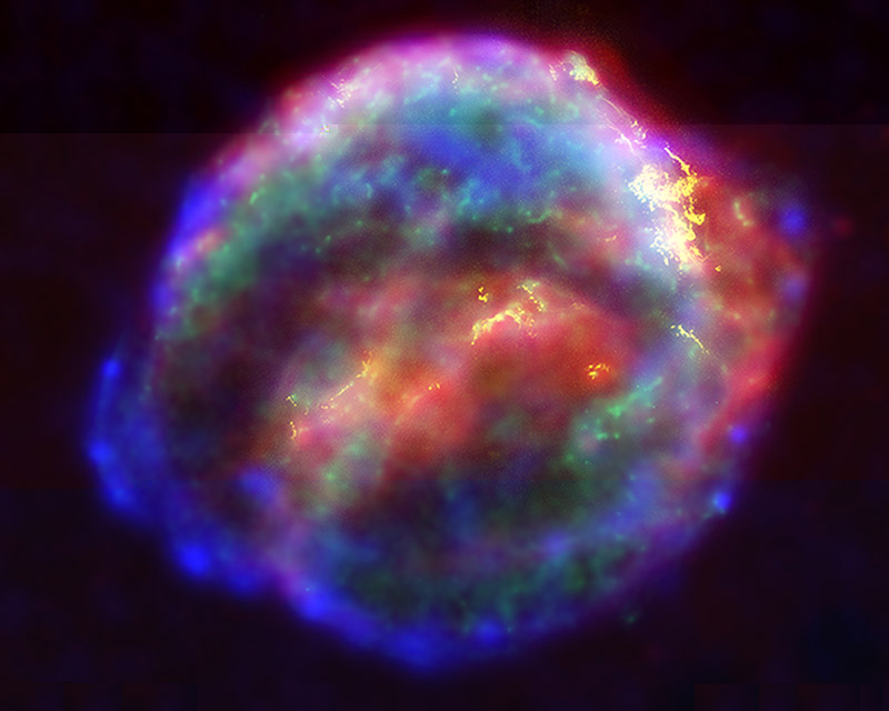 The Supernova that Kepler saw in 1604, as it appears to us today. This image is a combination of pictures taken by the Hubble Space Telescope, the Spitzer Infrared Space Telescope, and the Chandra X-Ray Space Telescope.